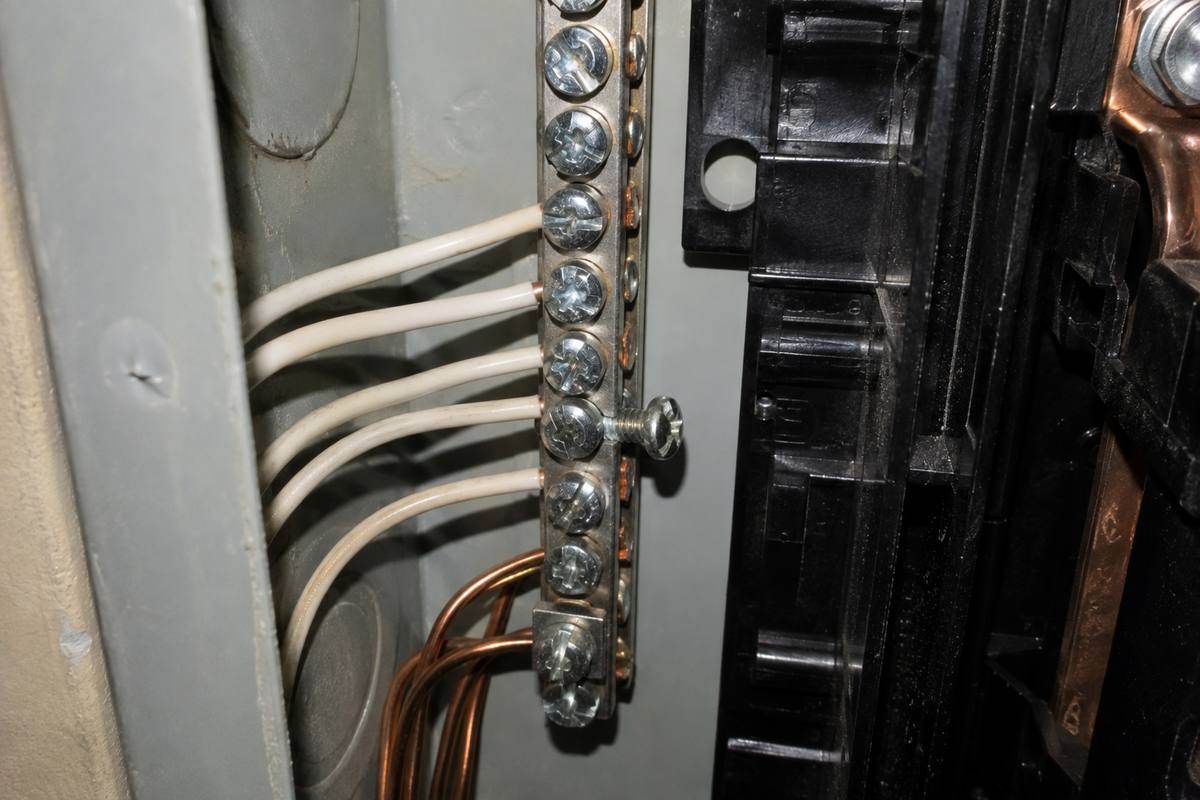 Neutral bar along the side of a panel enclosure with white conductors landed in its terminals, one screw backed out