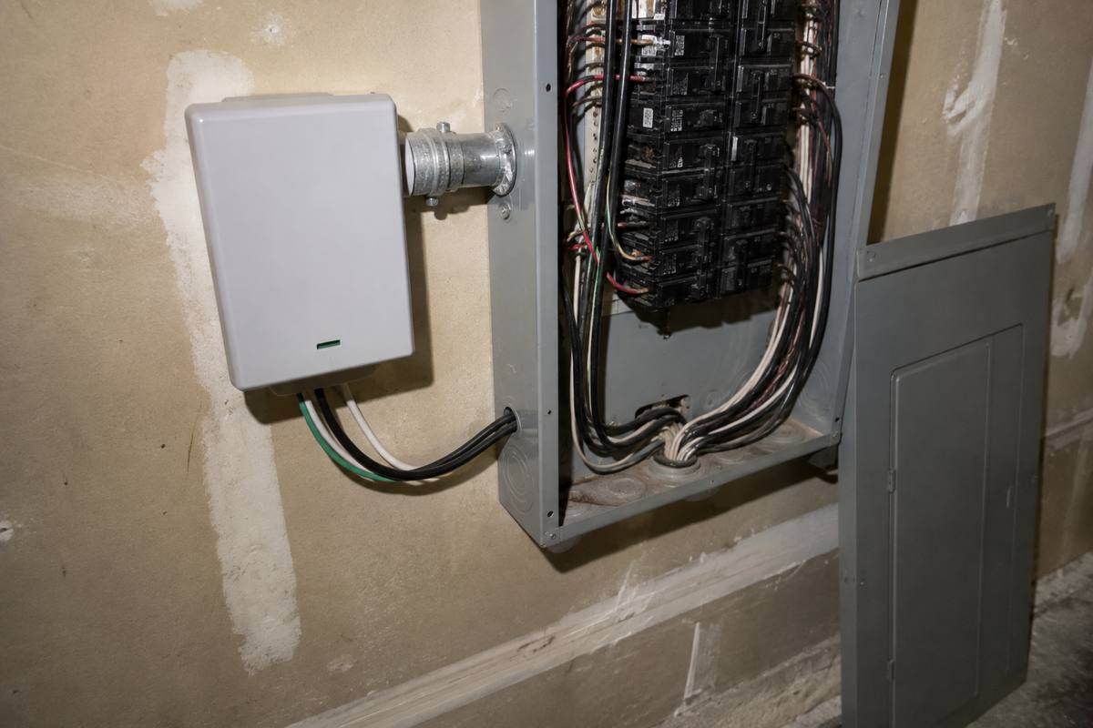 Small surge device mounted to the side of a load center through a short conduit nipple, leads entering the enclosure